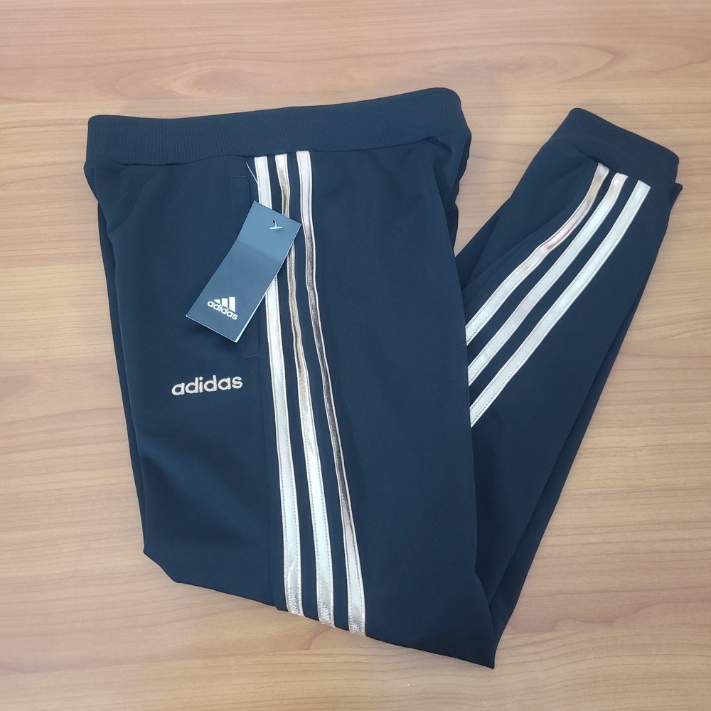Adidas Girls Black 3 Stripe‎ Gold Sweatpants Trousers Size 10- 12 (M)